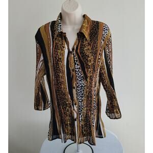 FASHION BUG Button-front, Animal print, Brown/Golds/Black, Crinkle Blouse-Sz XL